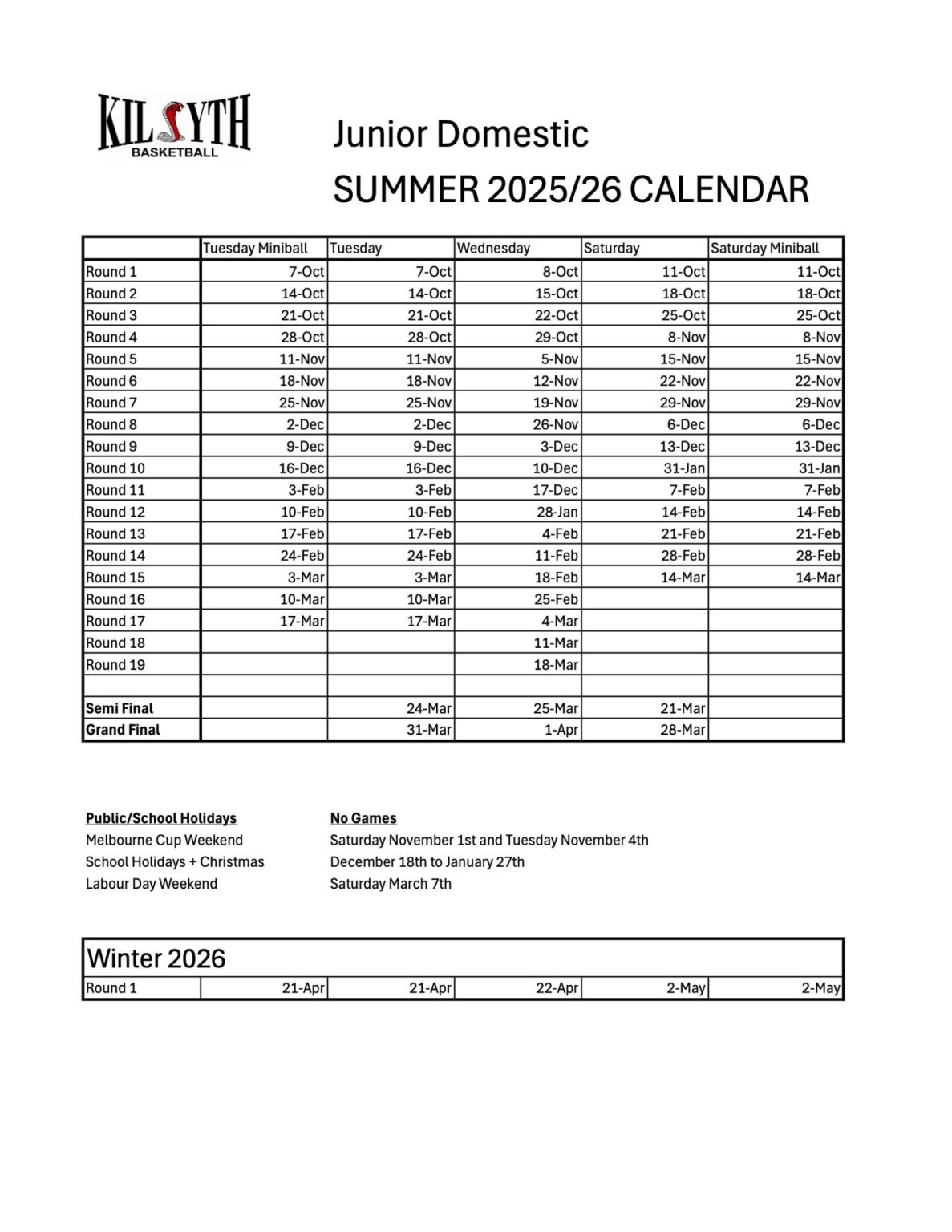 Junior Domestic Summer 2025 2026 Calendar