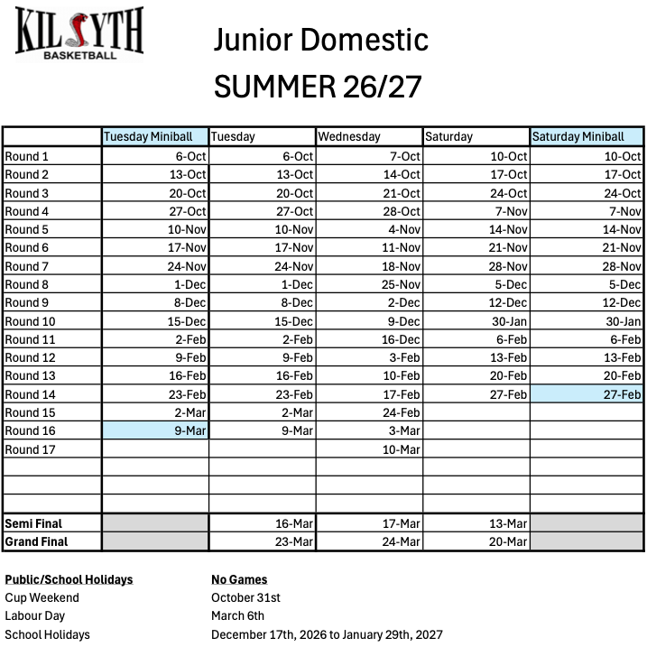 Junior Domestic SUMMER 2627 Calendar